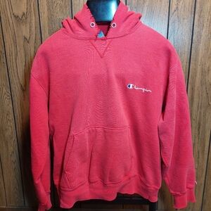 Champion Men's Hoodie in Vibrant Red Vintage Made In USA Distressed Large